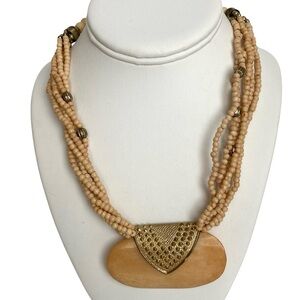 Vintage Carved Bone Pendant Multi Strand Beaded Necklace Gold Brass Tone Accents